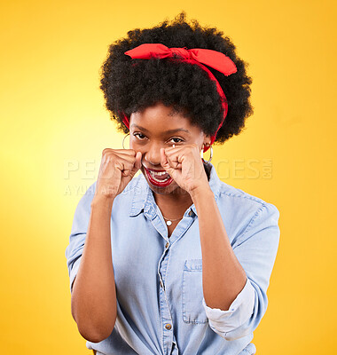 Buy stock photo Fashion, fight and boxing with portrait of black woman in studio for power, motivation and energy. Empowerment, pride and champion with person and fist on yellow background for challenge and strong