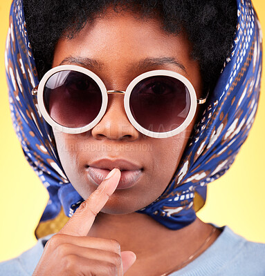 Buy stock photo Fashion, silence and sunglasses with portrait of black woman in studio for vintage, secret and beauty. Mystery, whisper and rumor with person and scarf on yellow background for frames and style