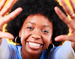 Black woman, portrait and high five frame of hands with smile on yellow background in studio in Africa. Happiness, person and afro for freedom, lifestyle and inspiration with skin glow in Kenya