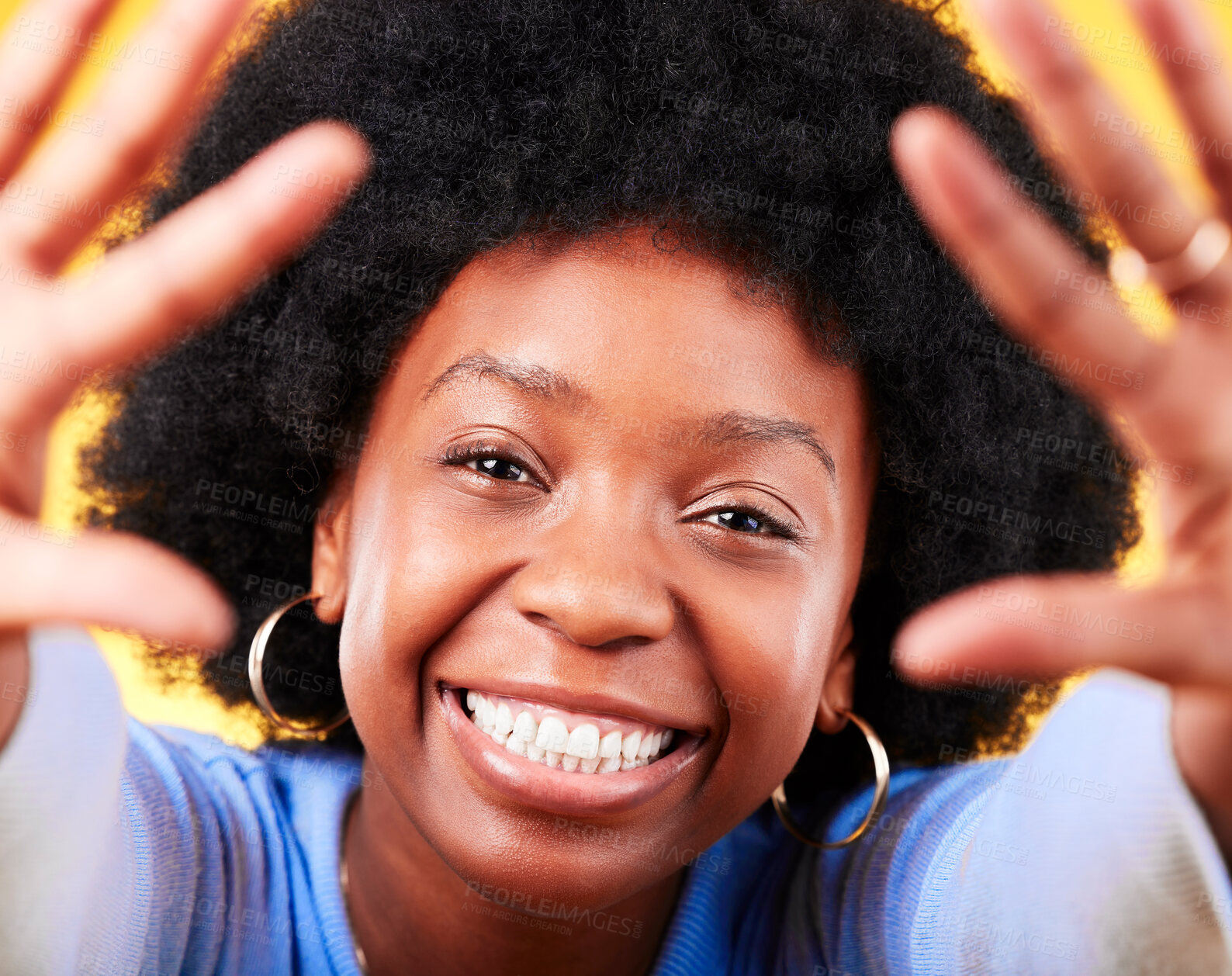 Buy stock photo Black woman, portrait and high five frame of hands with smile on yellow background in studio in Africa. Happiness, person and afro for freedom, lifestyle and inspiration with skin glow in Kenya