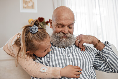 Buy stock photo Love, couch, and child hug grandfather in a home for bonding, care and relax together in living room for fun. Senior, sofa and elderly person or grandparent with girl kid as family on retirement