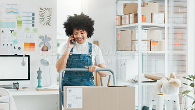 Buy stock photo Ecommerce boxes, phone call and happy woman conversation on logistics courier, product shipping or stock inventory. Cellphone, package distribution and person talk about supply chain delivery service