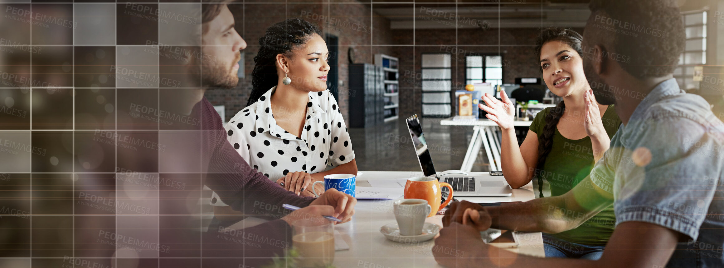 Buy stock photo Banner, brainstorming and group of creative business people in office meeting with space, ideas and proposal. Overlay, conversation and teamwork, men and women networking at tech startup together.