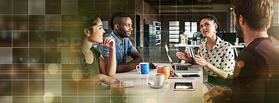 Buy stock photo Banner, meeting with men and women in creative office with laptop, tablet and mockup space. Overlay, conversation and teamwork, group of young business people networking at tech startup together.