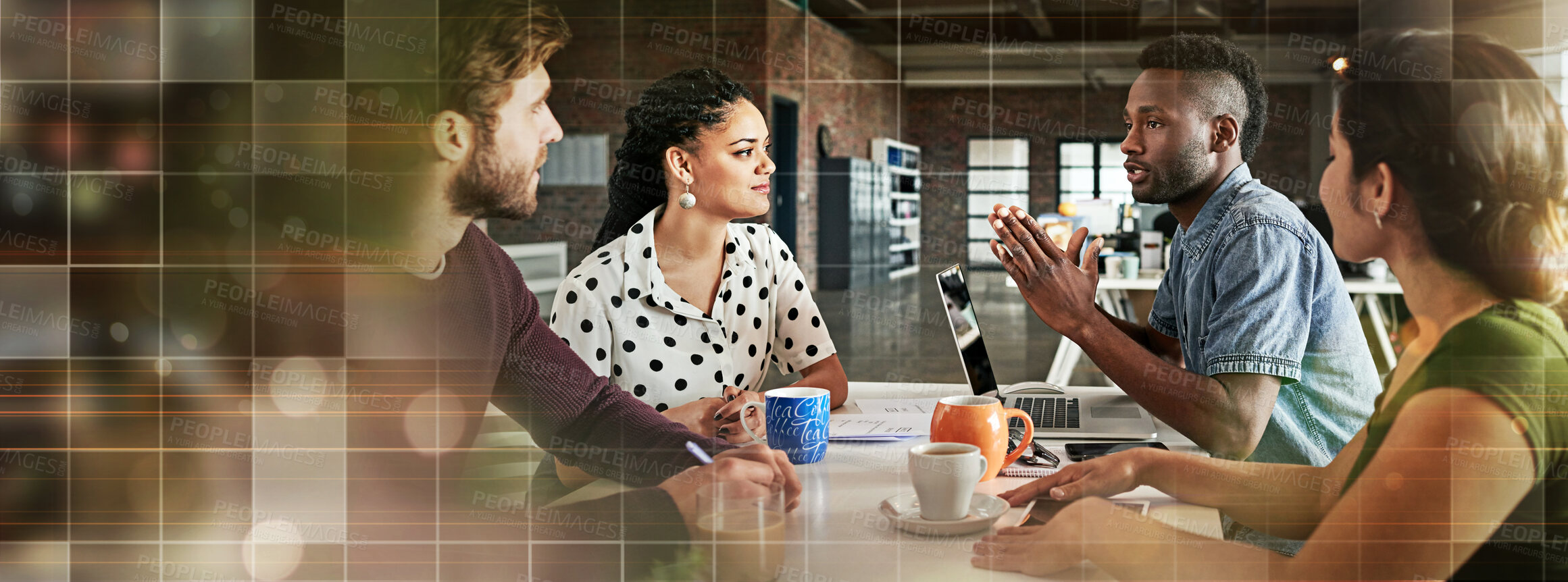 Buy stock photo Banner, talking and business people in a meeting at work for a discussion, workshop or teamwork. Morning, training or a black man speaking to employees about an agenda, schedule or planning together