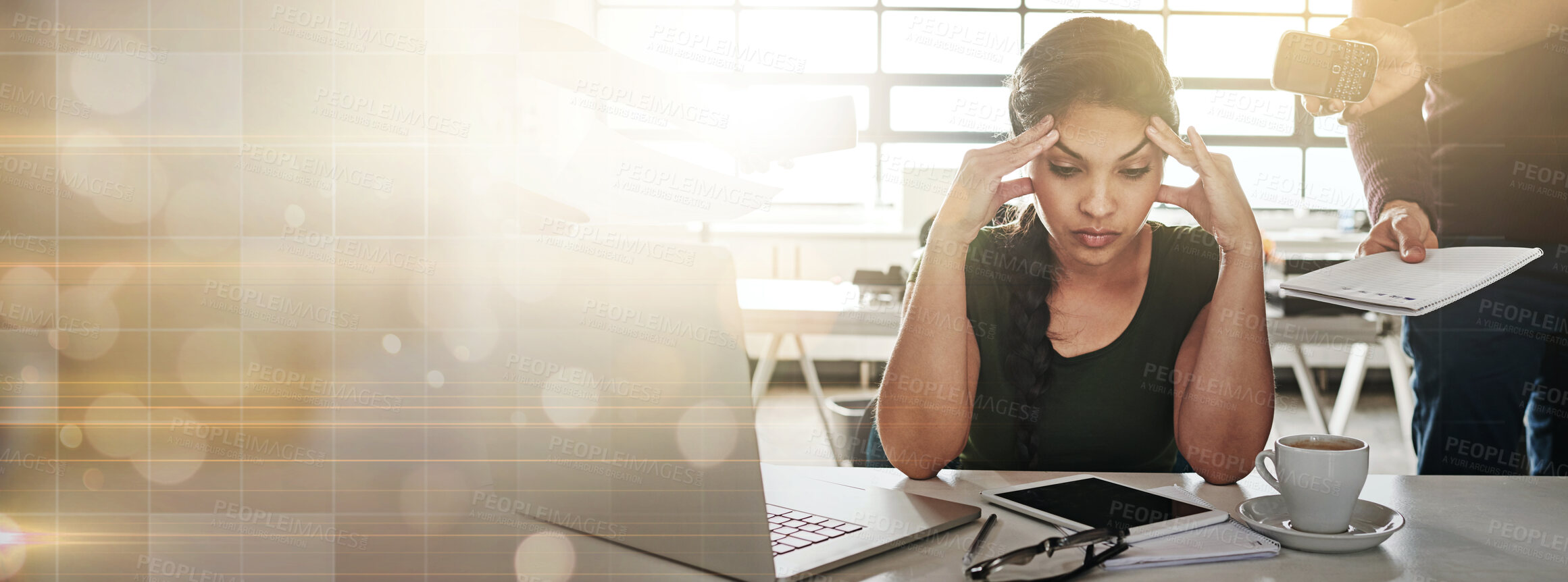 Buy stock photo Headache, stress and business woman banner on bokeh background mockup space on lens flare. Burnout, anxiety and challenge of person, financial crisis and tired of fatigue, overworked and mistake.