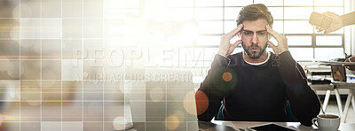 Buy stock photo Headache, stress and business man banner on bokeh background mockup space on lens flare. Burnout, anxiety and challenge of person, financial crisis and tired of fatigue, overwork mistake and fail