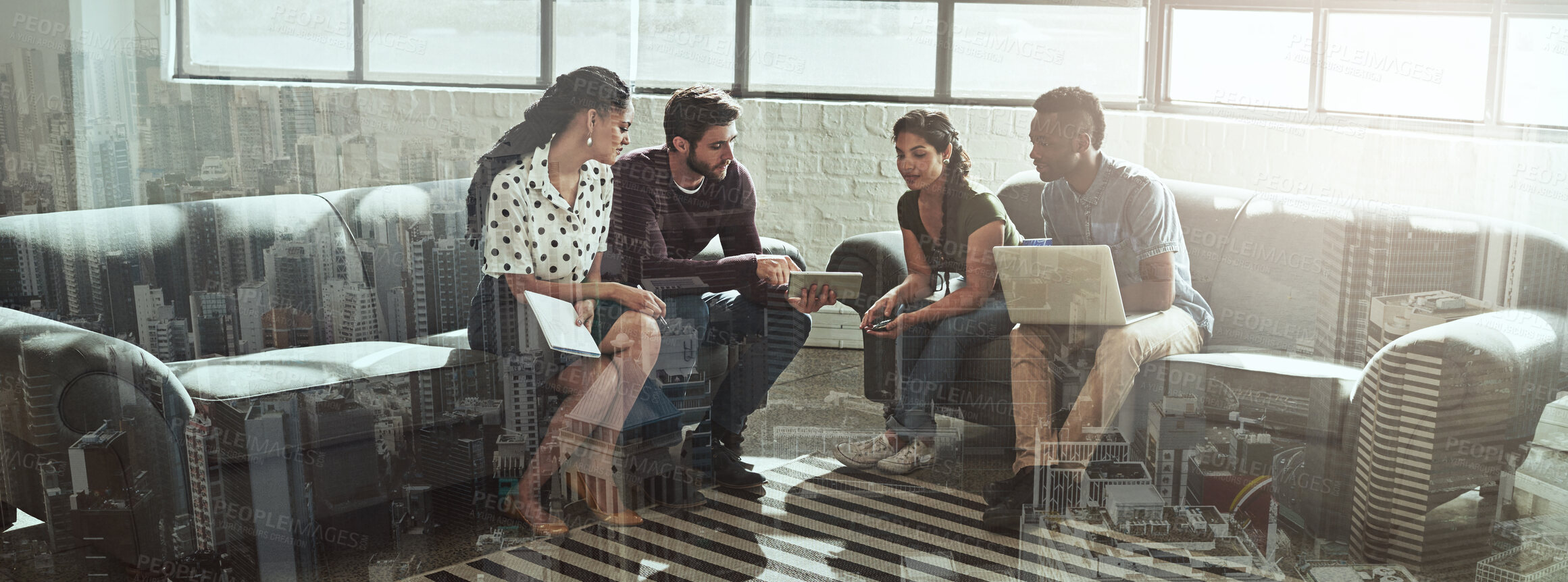 Buy stock photo Meeting, technology and double exposure with a business team in an office lounge for planning or strategy. Collaboration, diversity or cityscape on a banner with an employee group in a break room