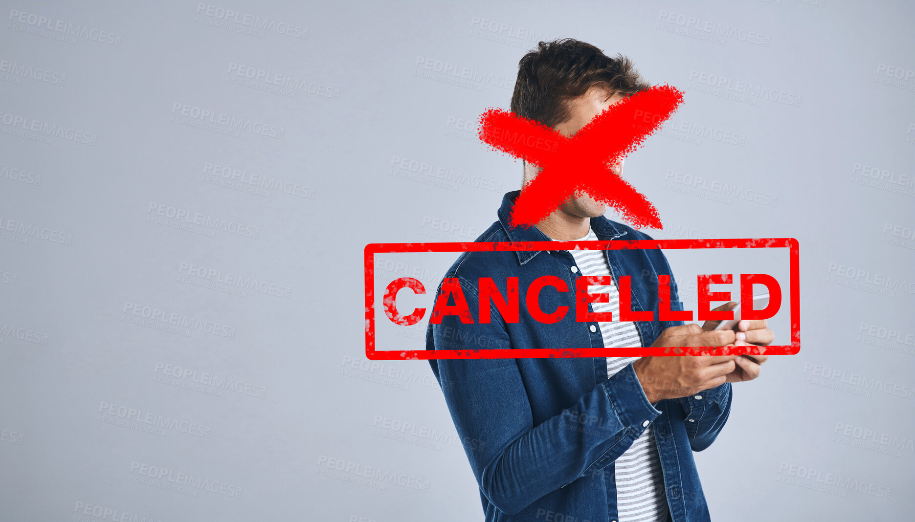 Buy stock photo Cancel culture, man phone and banned overlay with graphic and red cross in studio. Social media, grey background and cancelled person with controversy, toxic opinion and censorship on mobile app 