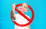 Cancel culture, angry woman and portrait of banned overlay with graphic and rude hand sign. Swear, blue background and cancelled female person with controversy, toxic opinion and censorship letter