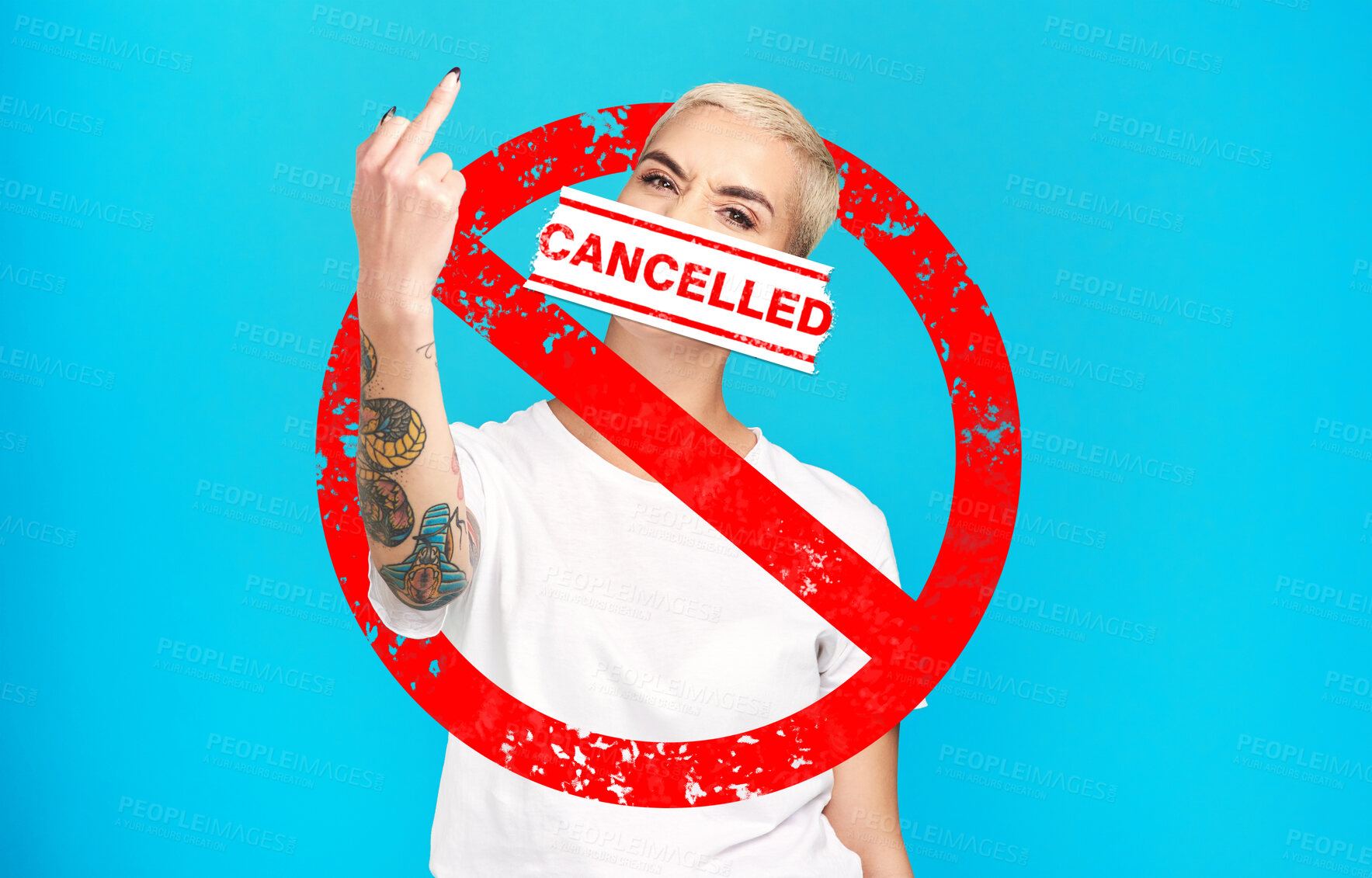 Buy stock photo Cancel culture, angry woman and portrait of banned overlay with graphic and rude hand sign. Swear, blue background and cancelled female person with controversy, toxic opinion and censorship letter