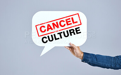 Buy stock photo Hands of person, cancel culture and speech bubble for voice, support and opinion on grey background in studio. Poster, ban and social media influencer for freedom of vote, politics and propaganda