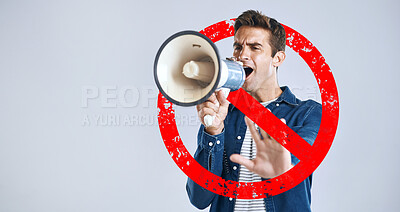 Buy stock photo Megaphone, stop and man with protest, speech and justice on a white studio background. Person, model or activist with a bullhorn, rejection or graphic sign for warning, speaker for equality or change