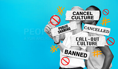 Buy stock photo Social media, cancel culture and people online, internet or mobile app isolated in a studio blue background. Negative, bad and graphic words for banned or fail message for political opinion or voice