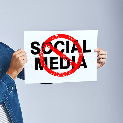 Buy stock photo Social media, ban and hands with banner for protest, illustration and opinion on abstract grey background. Mockup, person and internet poster for stop, graphic sign and announcement in studio