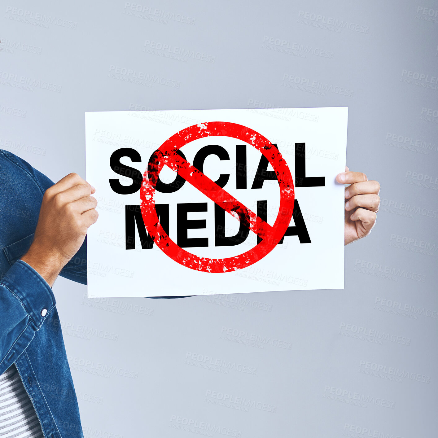 Buy stock photo Social media, ban and hands with banner for protest, illustration and opinion on abstract grey background. Mockup, person and internet poster for stop, graphic sign and announcement in studio