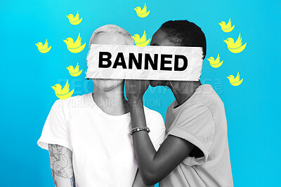 Buy stock photo Cancel culture, gossip and censorship with overlay on people for social media, cyber bullying and toxic message. Free speech, censorship and rumor with women on blue background for mockup and voice