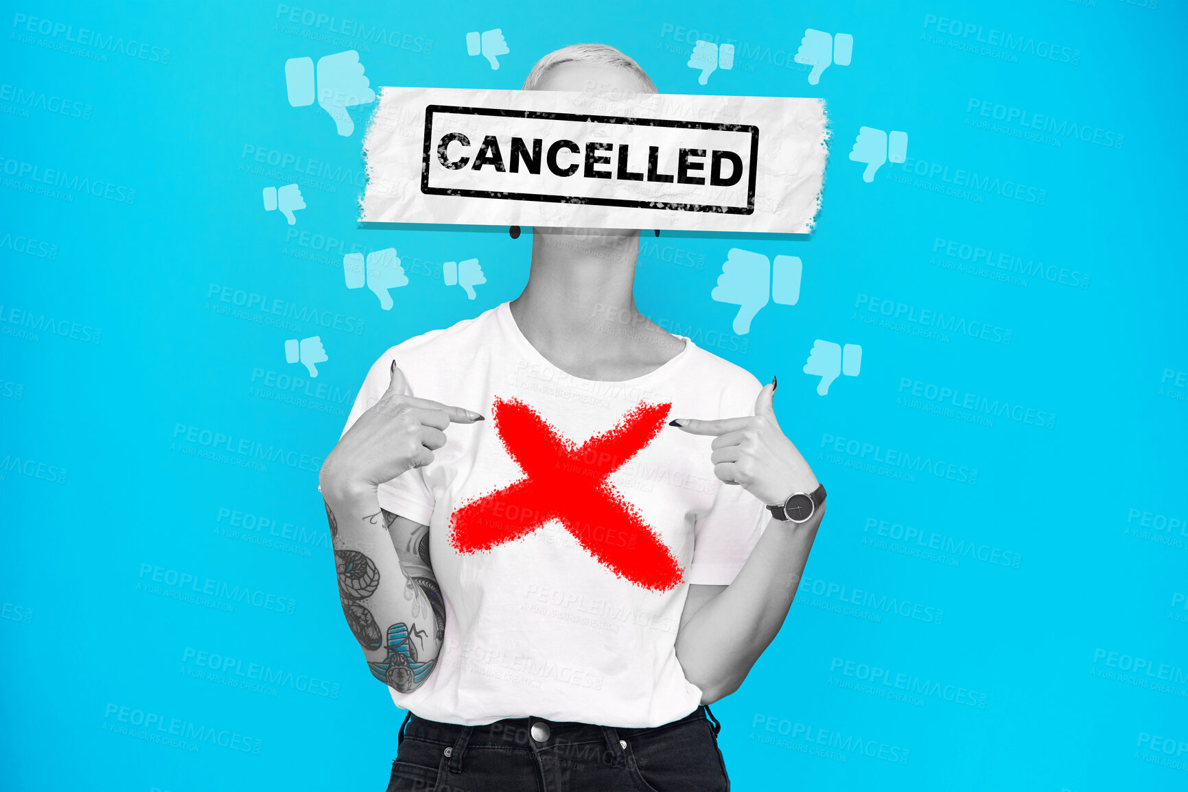 Buy stock photo Cancel culture, woman and text overlay with graphic and bad emoji for social media ban in studio. Blue background, cross and dislike banner with online public shame with accountability and protest