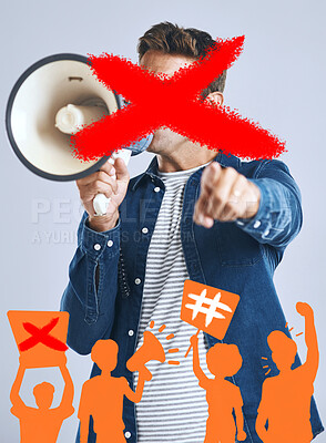 Buy stock photo Opinion, cancel culture and restriction with person and megaphone in studio for voice, social media or censorship. Discrimination, free speech or announcement with man on white background for warning