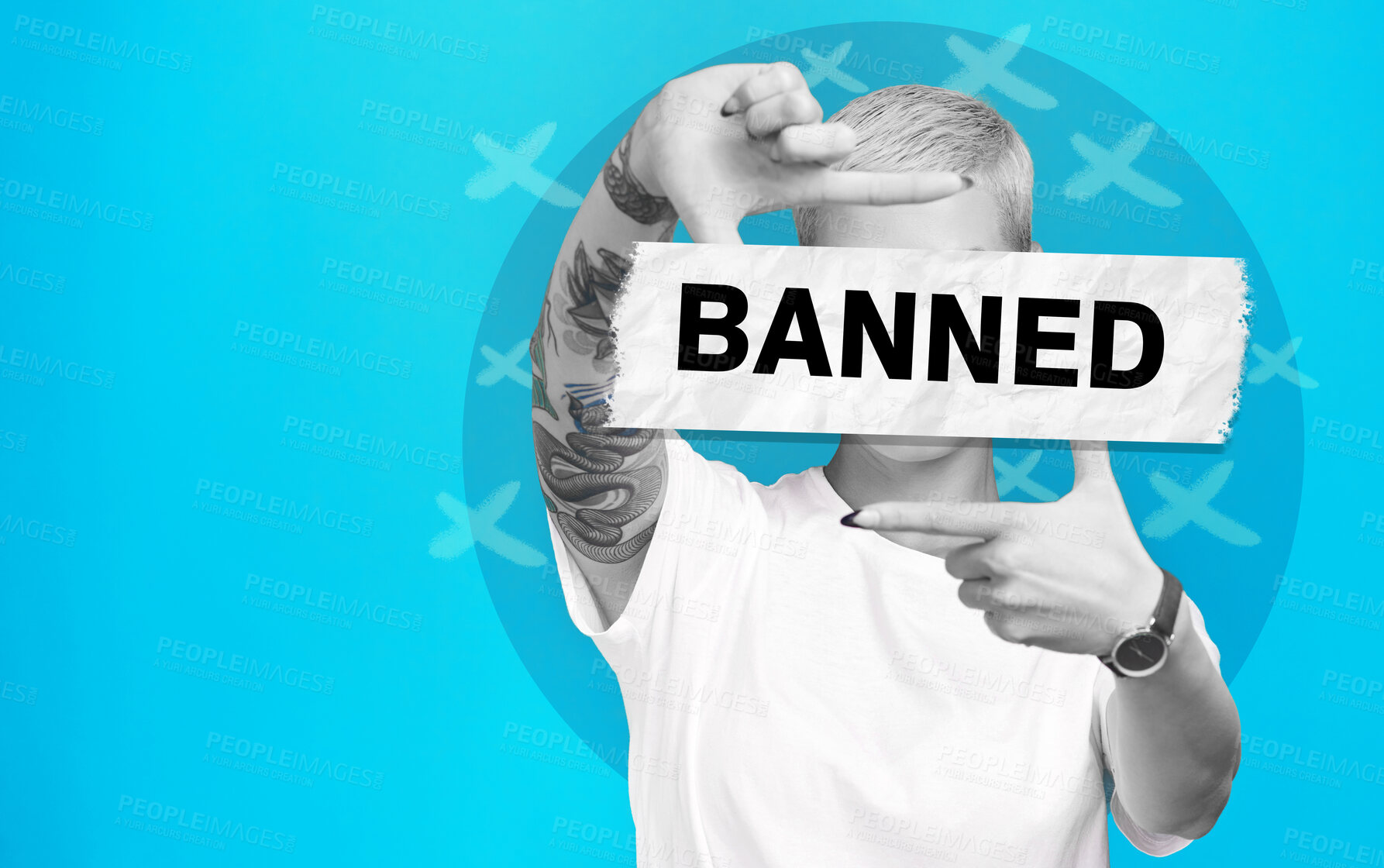 Buy stock photo Banner, ban and face of woman with protest for social media bullying, illustration and opinion on abstract blue background. Mockup, person and voice for stop, word overlay and message in studio