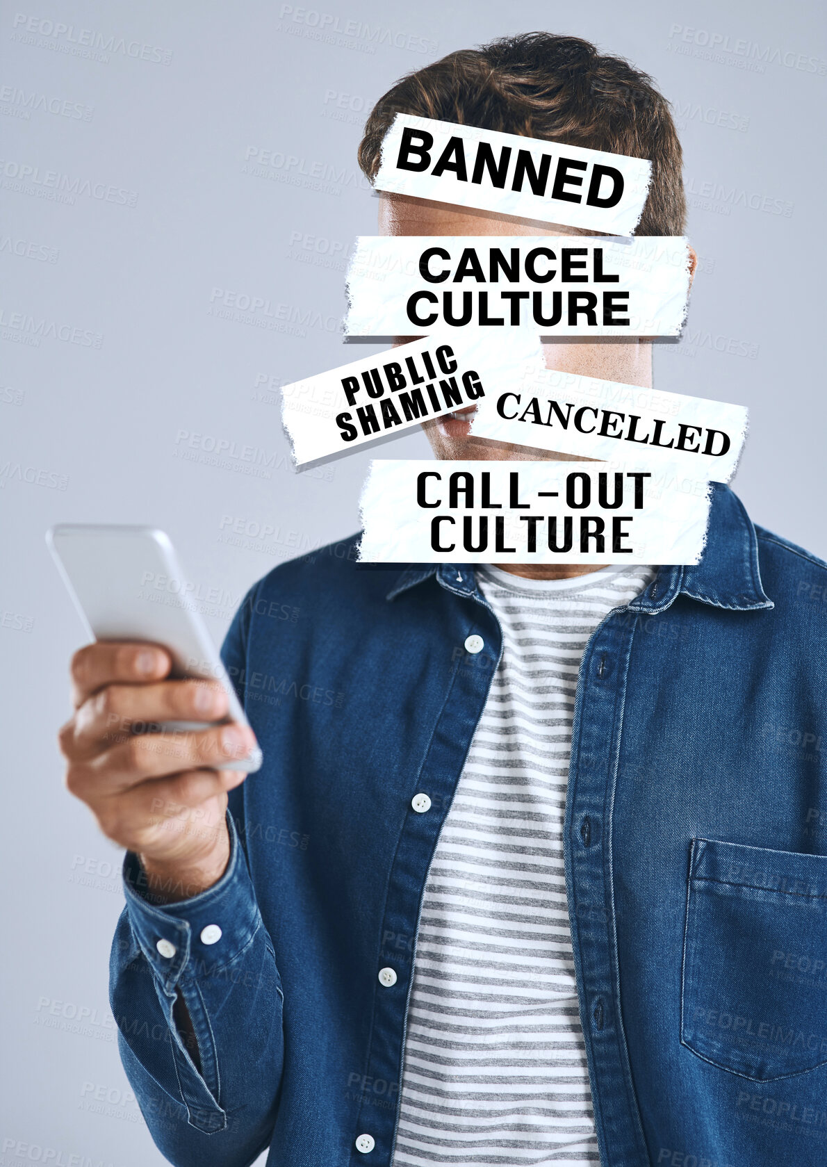 Buy stock photo Cancel culture, overlay and phone with text on person for social media, cyber bullying and toxic message. Free speech, censorship and anger with man on white background for warning, online and voice