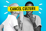 Cancel culture, women and text overlay with fake news and gossip for toxic and banned in studio. Blue background, cross and yellow banner with public shame and people with rumor and secret whisper
