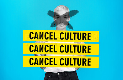 Buy stock photo Cancel culture, woman and text overlay with graphic and sign for toxic and banned in studio. Blue background, cross and yellow banner with public shame and accountability or protest portrait