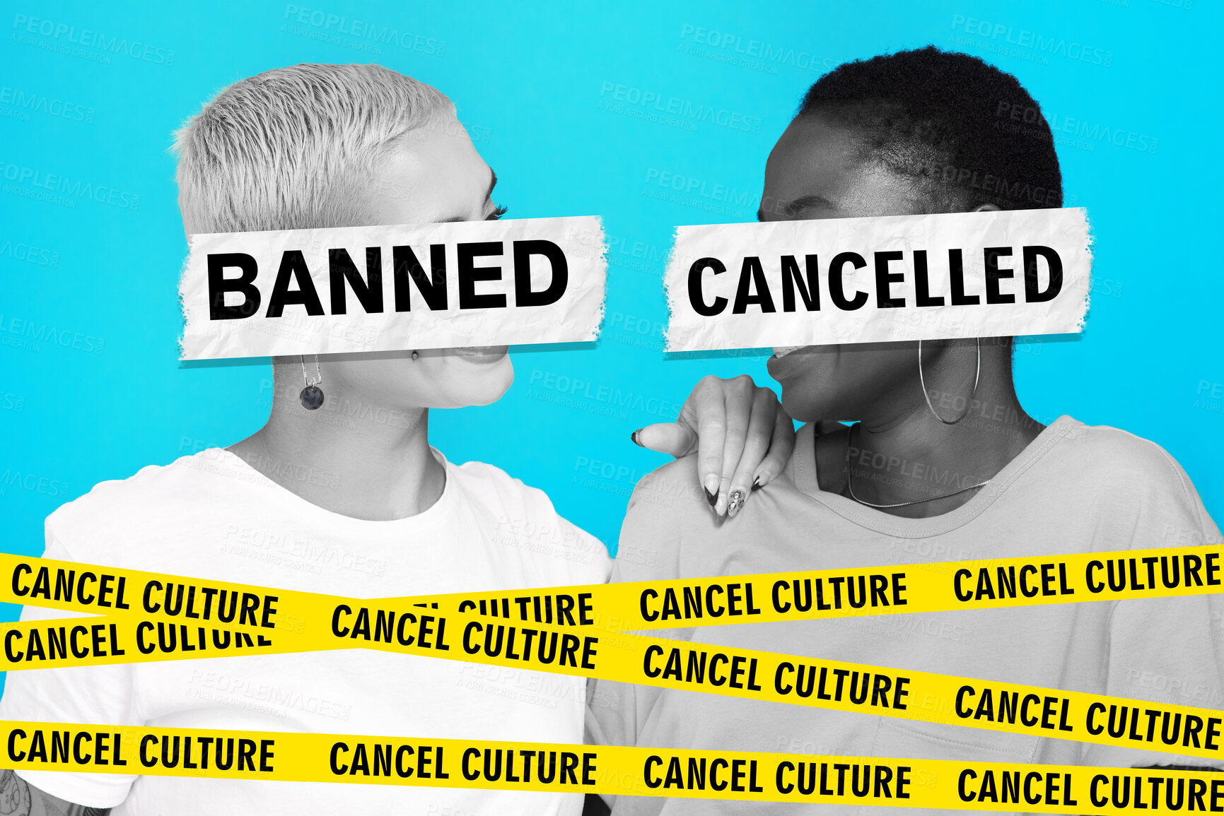 Buy stock photo Social media, cancel culture and women online, internet or influencer friends on a studio blue background. Negative, bad and graphic words for banned or fail for public or political opinion or voice