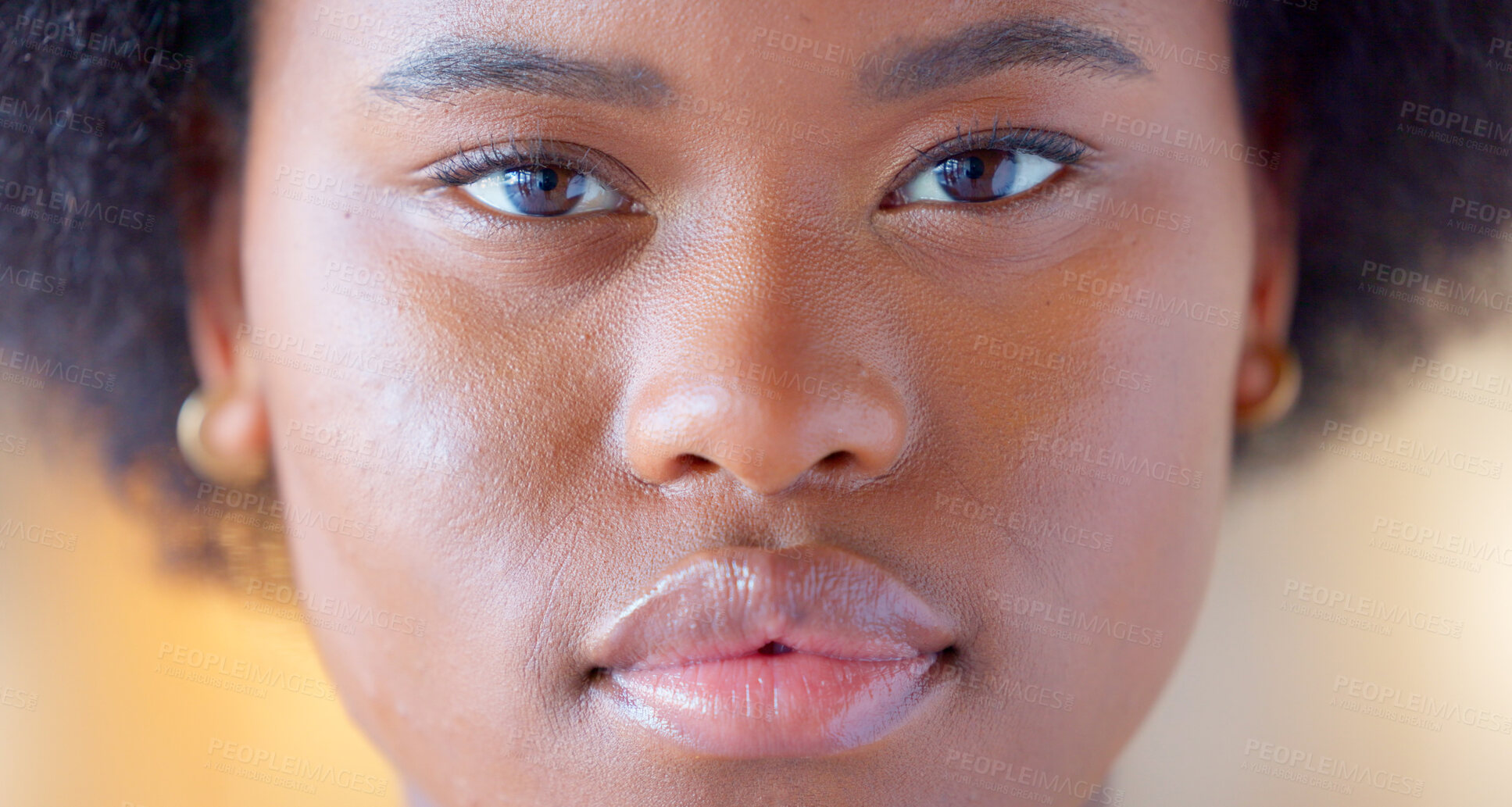 Buy stock photo Confident, serious and closeup portrait of black woman with natural, glowing and cosmetic face. Beauty, zoom and headshot of young African female model with facial makeup cosmetology treatment.