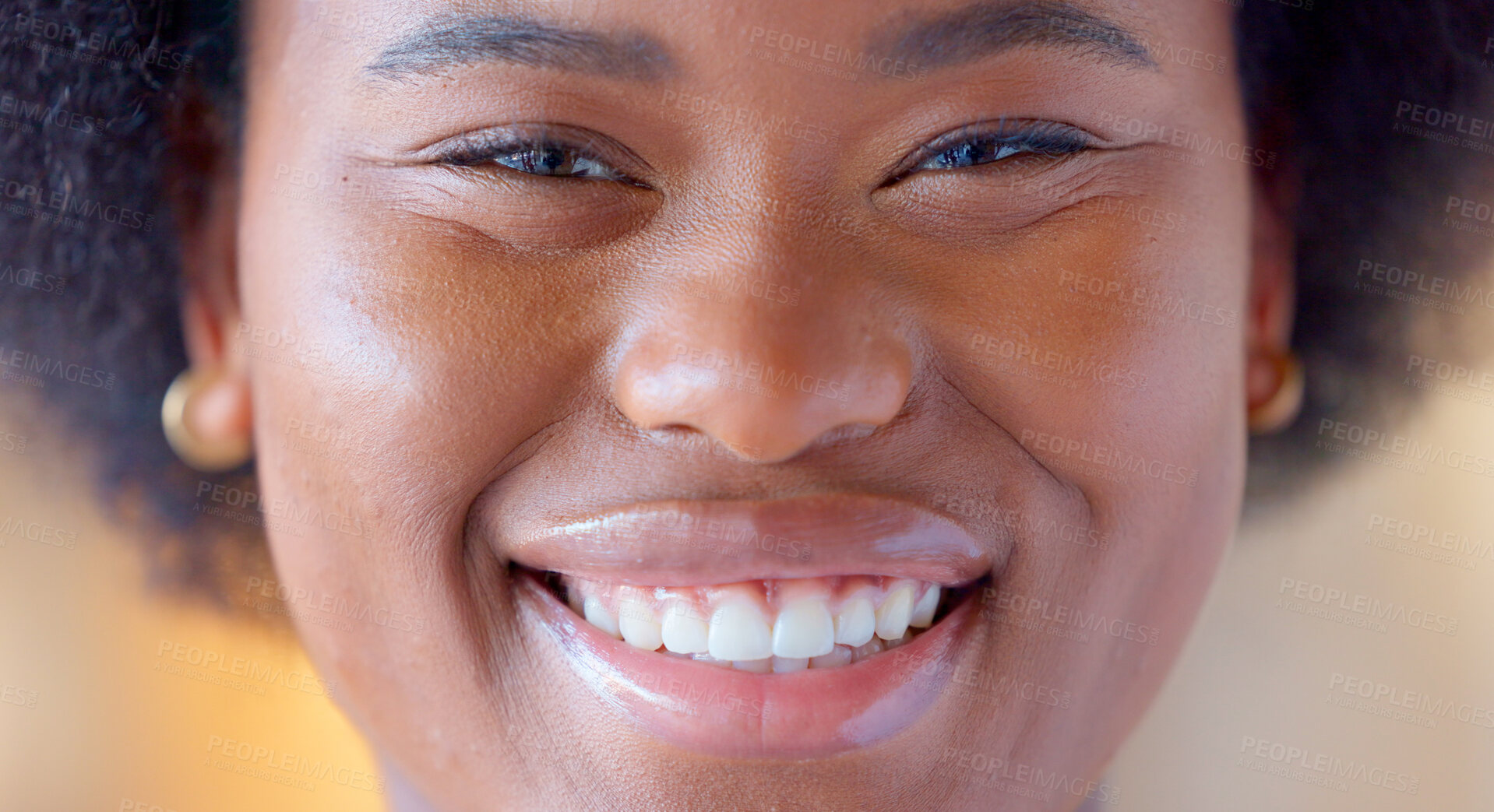 Buy stock photo Confident, smile and closeup portrait of black woman with positive, happy and good attitude. Face, excited and headshot of young African female model with pride, confidence and happiness expression.