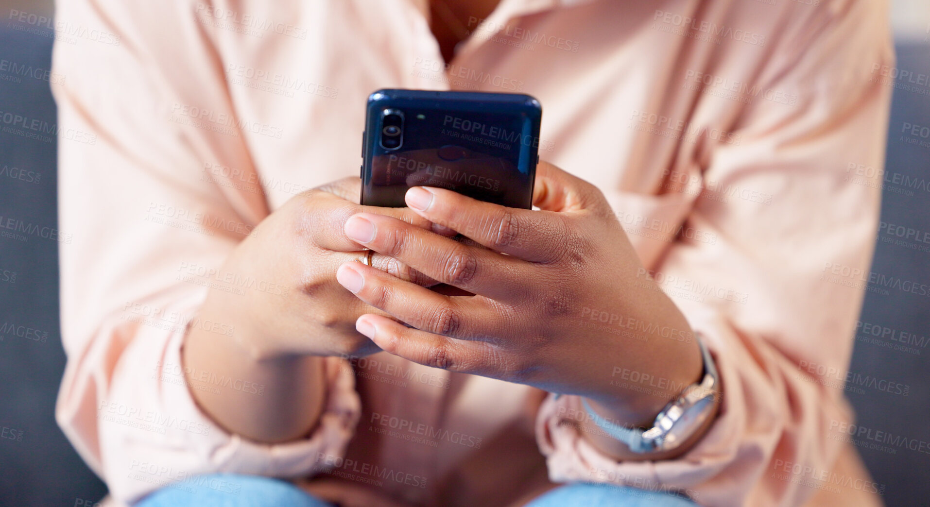 Buy stock photo Relax, phone and hands of woman on sofa for search, streaming and social media. Website, internet and communication with closeup of person in living room at home for contact, network and mobile app