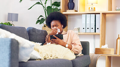 Buy stock photo Sick, couch and woman streaming with phone while coughing, sneeze and with fatigue and blowing nose. Living room, medical and person relax watching movies ill with cold, tissue or flu allergies