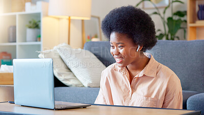 Buy stock photo Laptop, remote work and black woman on a video call in home as communication or networking with connection. Living room, smile and young person freelancer talking online with app or internet 