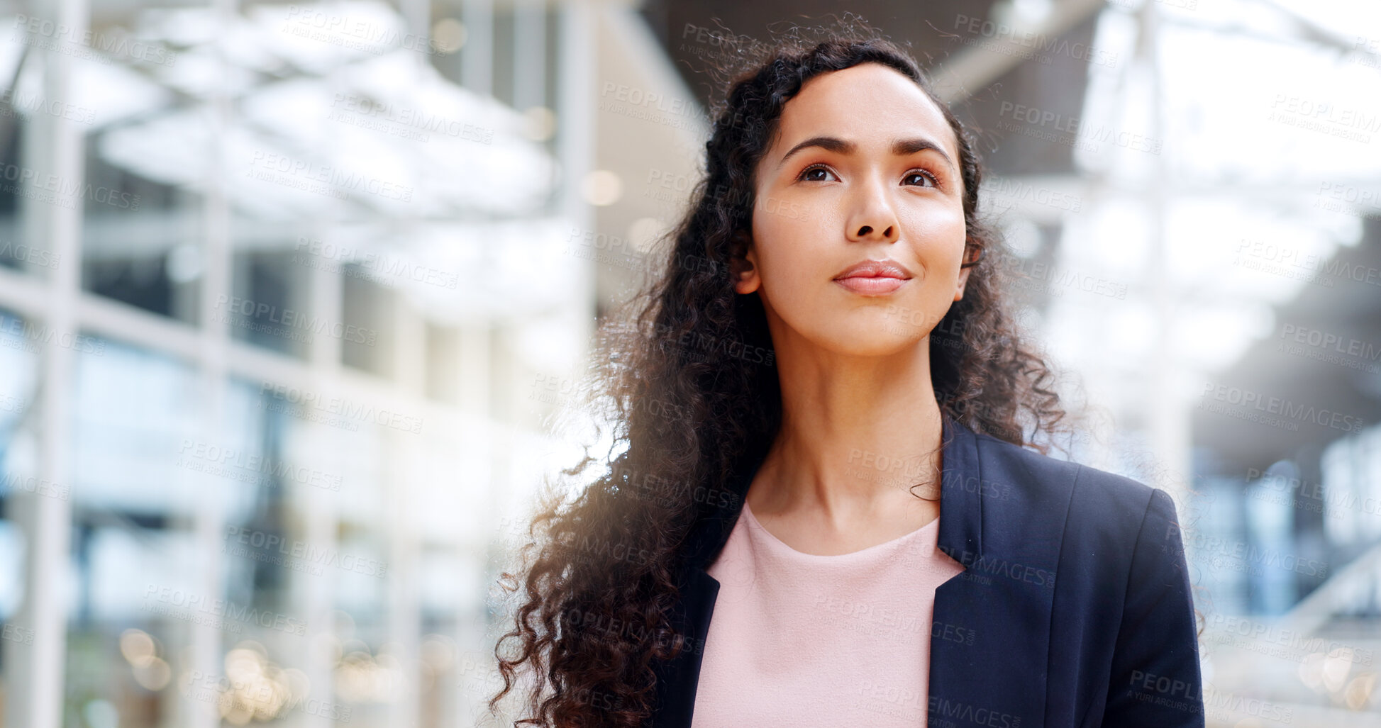 Buy stock photo Leadership, business and black woman walking in office thinking of goals, mission and vision in workplace. Success, corporate startup and female entrepreneur with ideas, motivation and confidence