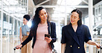 Business woman, phone and walking with luggage in travel for work trip partnership at the workplace. Happy women talking or chatting on a walk to the airport for opportunity or journey with suitcase