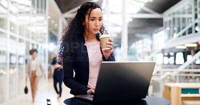 Buy stock photo Coffee, laptop and businesswoman working in office on a legal corporate case project. Technology, attorney and young female lawyer drinking cappuccino and doing law research on computer in workplace.