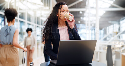 Buy stock photo Laptop, research and woman with coffee in the airport reading legal information for legal case. Technology, professional and young female attorney working on a law project on computer for travel.