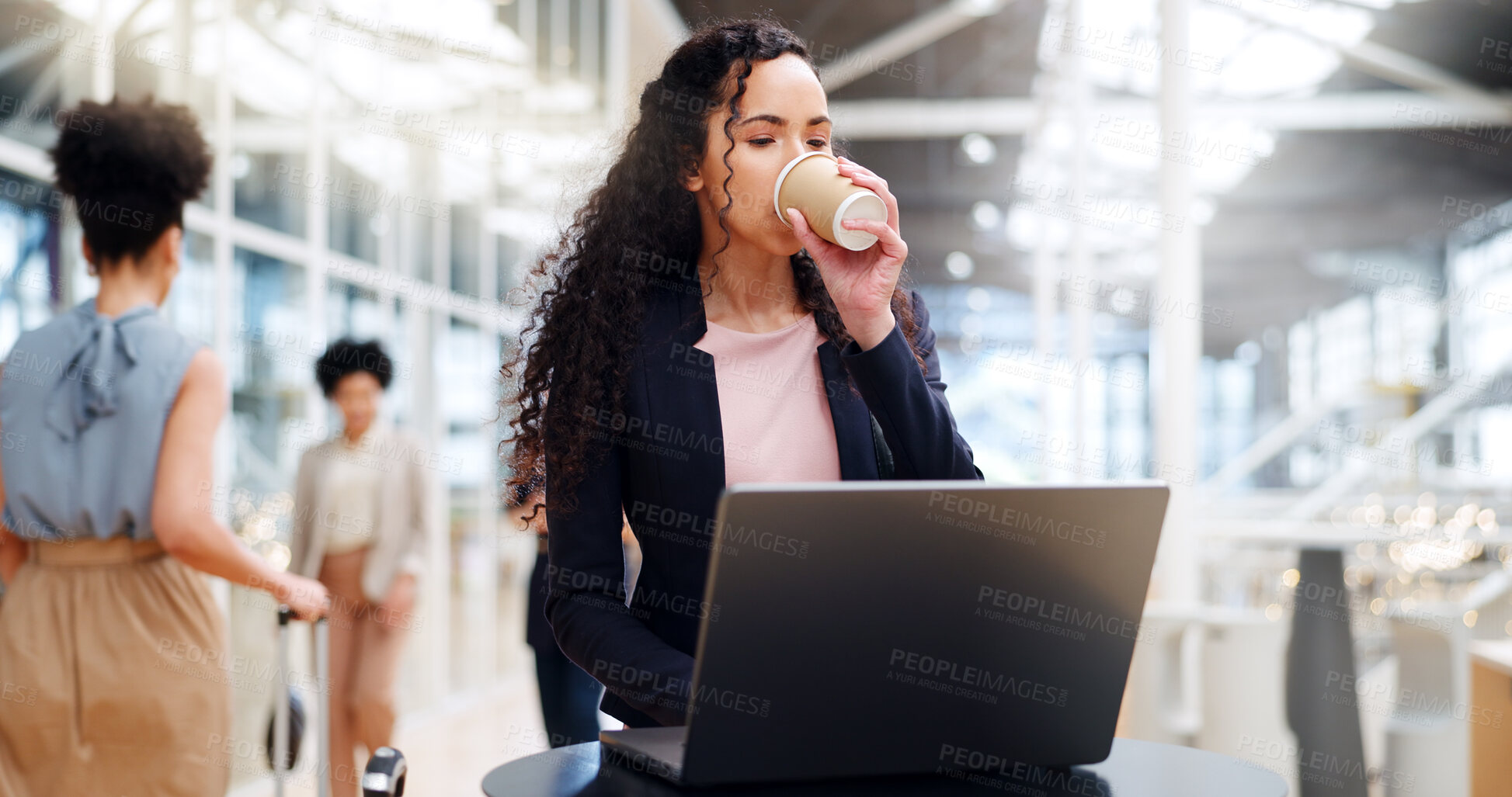 Buy stock photo Laptop, research and woman with coffee in the airport reading legal information for legal case. Technology, professional and young female attorney working on a law project on computer for travel.