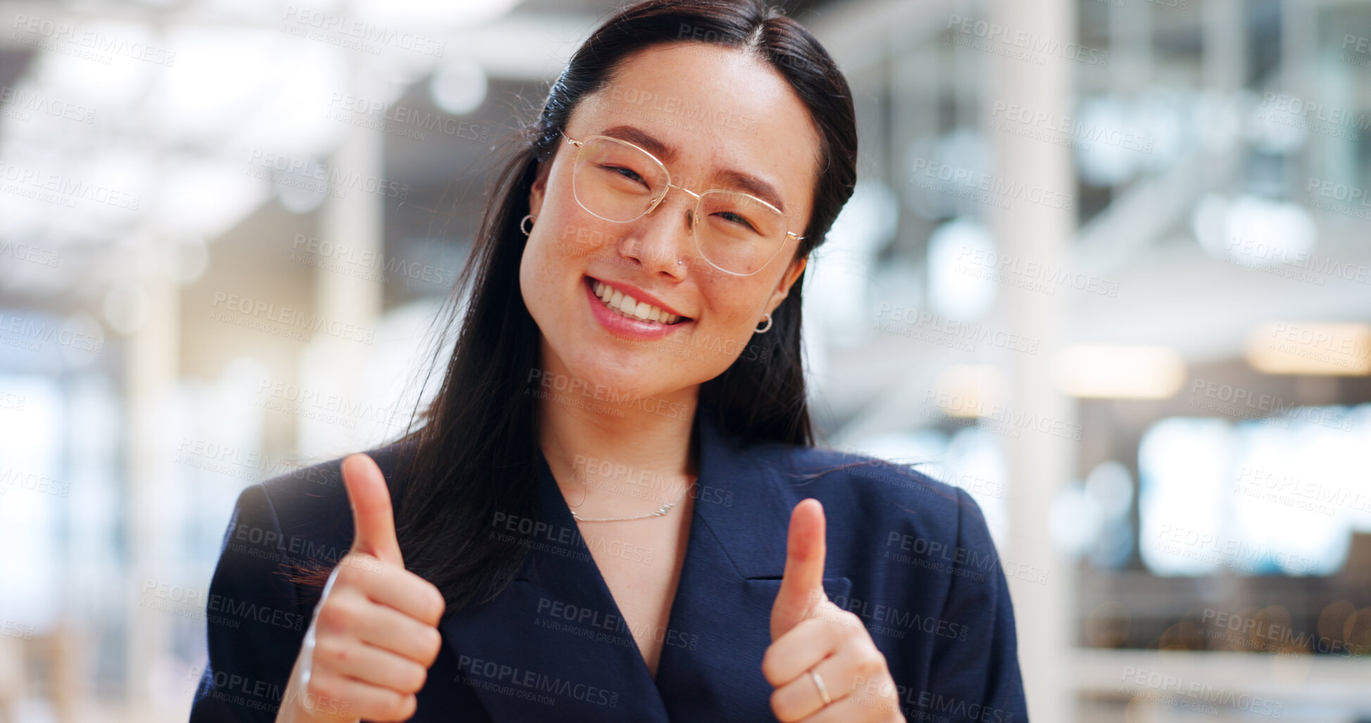 Buy stock photo Portrait, thumbs up and happy business woman with emoji for congratulations, winner or support in office. Face of asian employee, like sign and ok feedback of success, thank you or vote yes in review