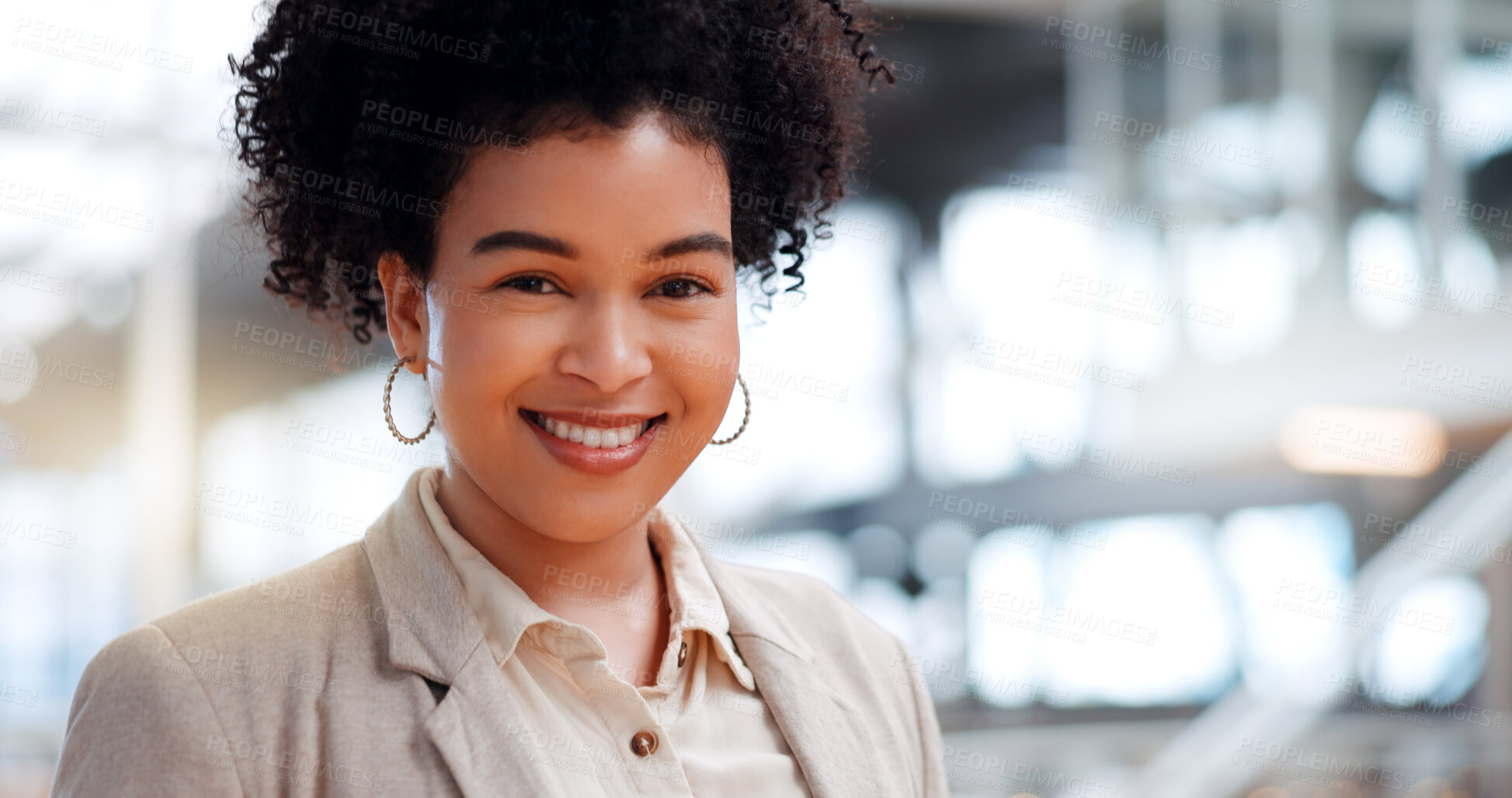 Buy stock photo Happy, business portrait and woman employee in creative agency workplace with smile and pride. Company, african female professional and startup staff or office entrepreneur with career confidence