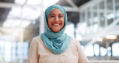 Buy stock photo Muslim, business woman and success with face, executive and happy with career, vision with islamic company. Professional portrait, employee in hijab and leader with corporate motivation and mindset