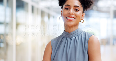 Buy stock photo Smile, business portrait and black woman in creative agency workplace with happy and job pride. Company, startup staff and office entrepreneur with career confidence and African female professional 