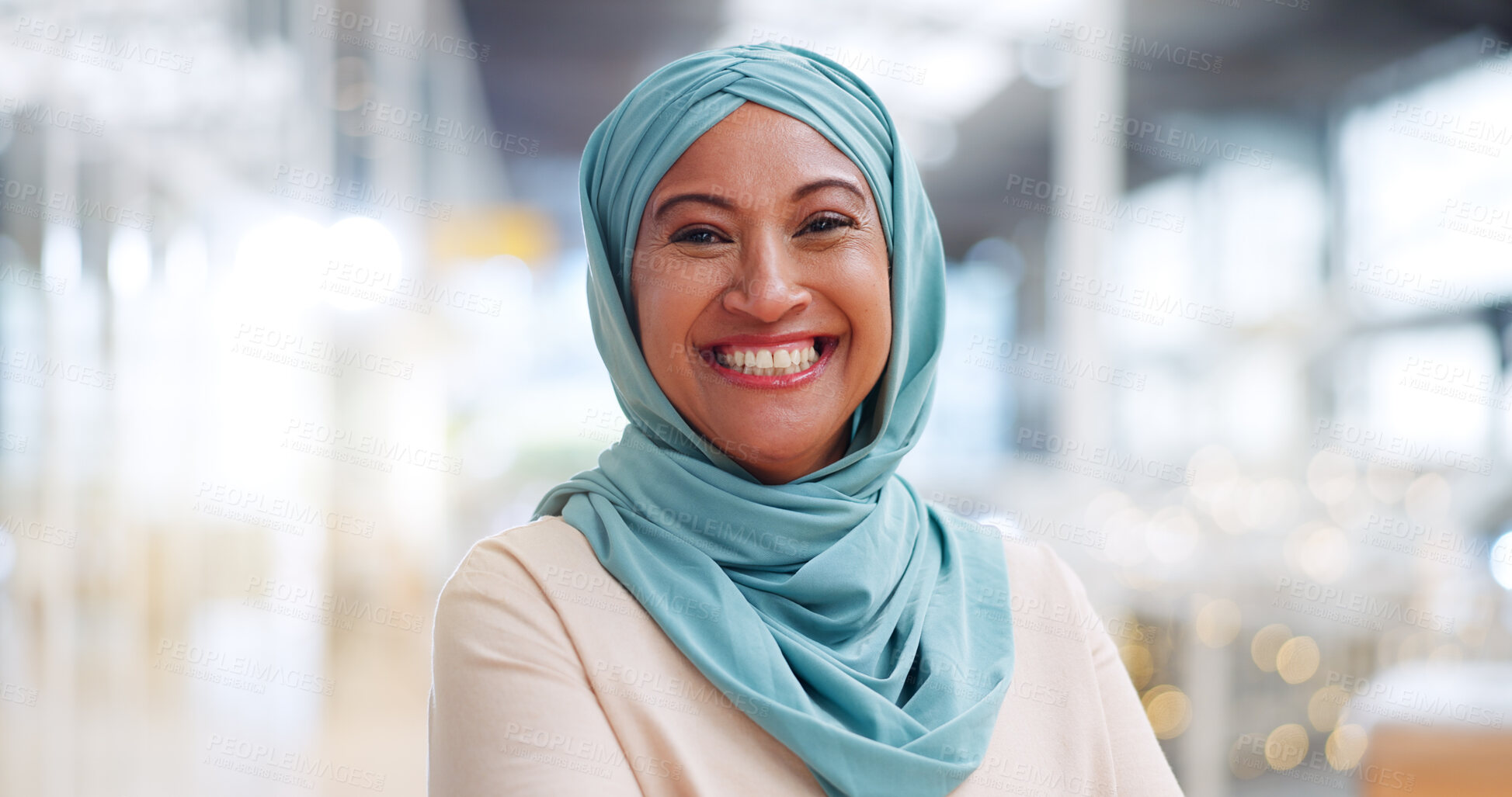 Buy stock photo Happy, business portrait and muslim woman in creative agency workplace with smile and pride. Company, startup and office entrepreneur with career confidence and female professional with hijab