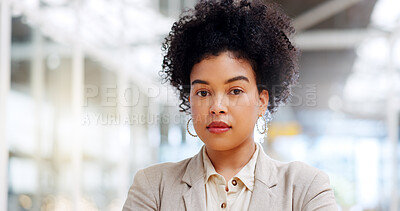 Buy stock photo Serious, professional and portrait of businesswoman in the office with a corporate law career. Confidence, ambition and face of young female legal attorney from Colombia standing in modern workplace.