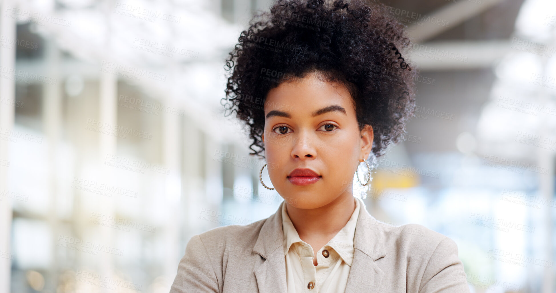 Buy stock photo Serious, professional and portrait of businesswoman in the office with a corporate law career. Confidence, ambition and face of young female legal attorney from Colombia standing in modern workplace.