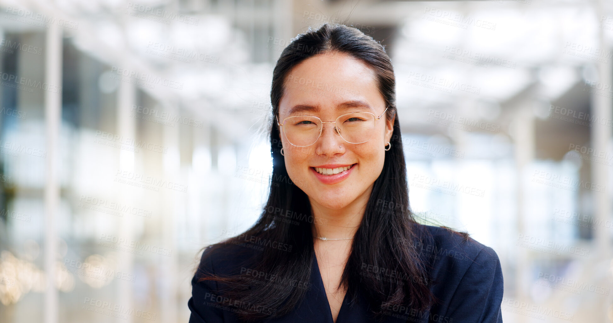 Buy stock photo Portrait, business leadership and Asian woman in office ready for pride or goals. Happy, professional and proud, confident and entrepreneur with a smile, mission and corporate mindset in workplace