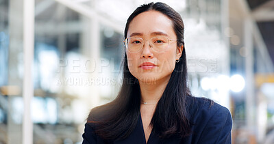 Buy stock photo Serious, professional and portrait of Asian businesswoman in the airport with a corporate law career. Confidence, travel and face of young female legal attorney standing in a hotel for work trip.