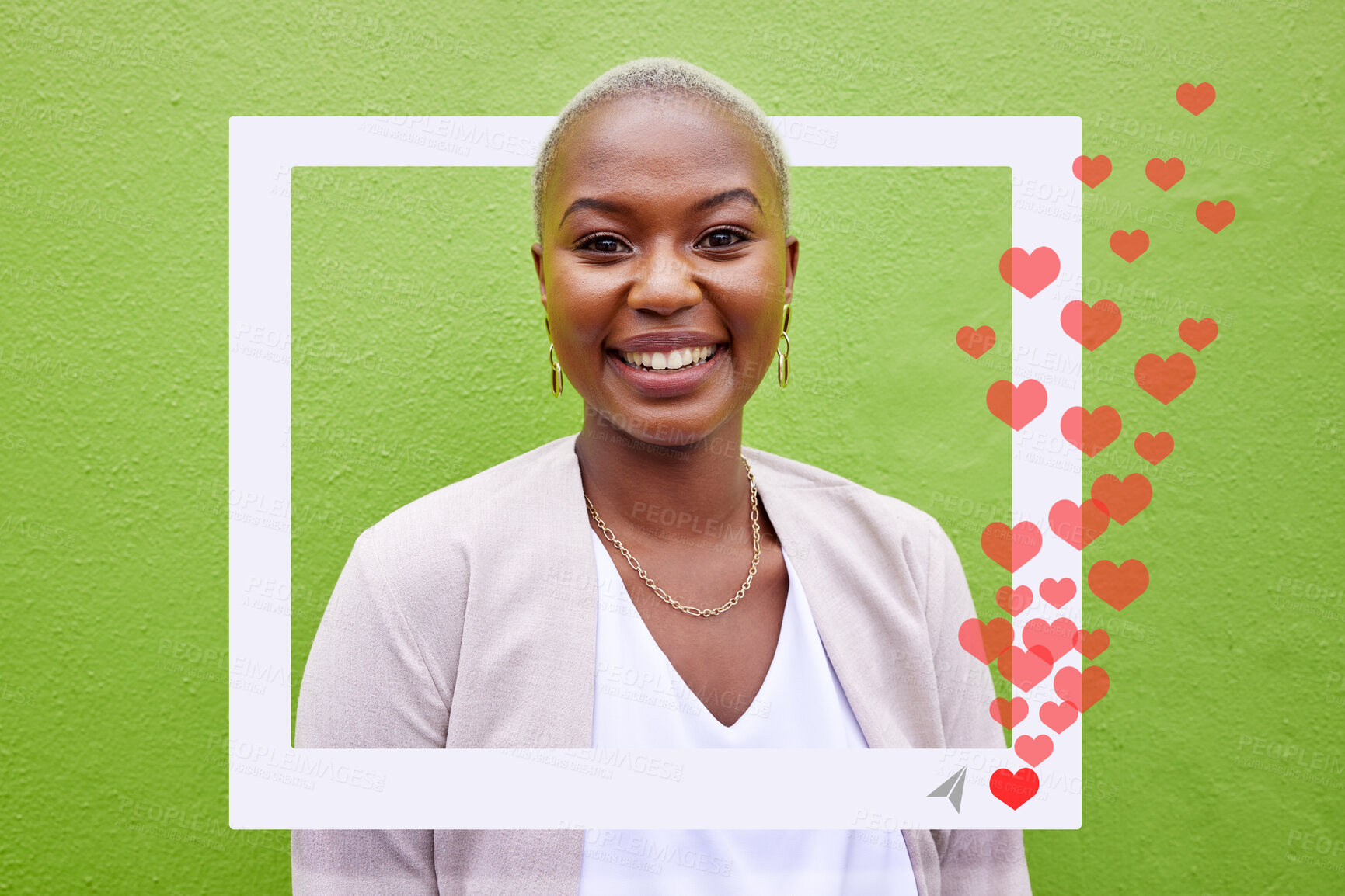 Buy stock photo Social media, heart and influencer woman profile or frame for love emoji, fan page or icon app. Portrait of African person for online chat, content notification or network overlay on green background