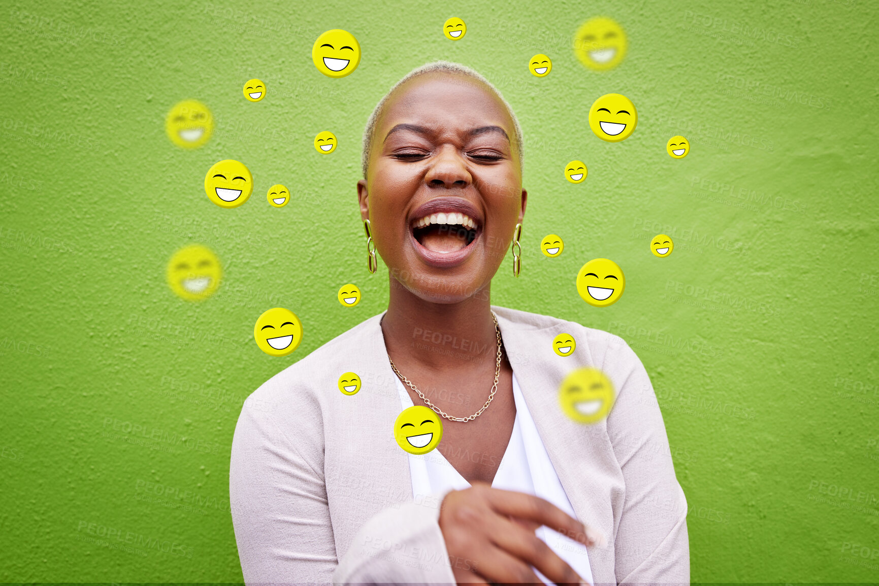 Buy stock photo Social media, laughing and emoji icon of a woman or influencer for funny meme app. Face of African person for online chat, content creator or communication notification overlay on green background