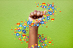 Hand, social media and emoji with a person in protest on green background for politics, power or strength. Fist, like and reaction with an adult in studio for a digital app emoticon for communication